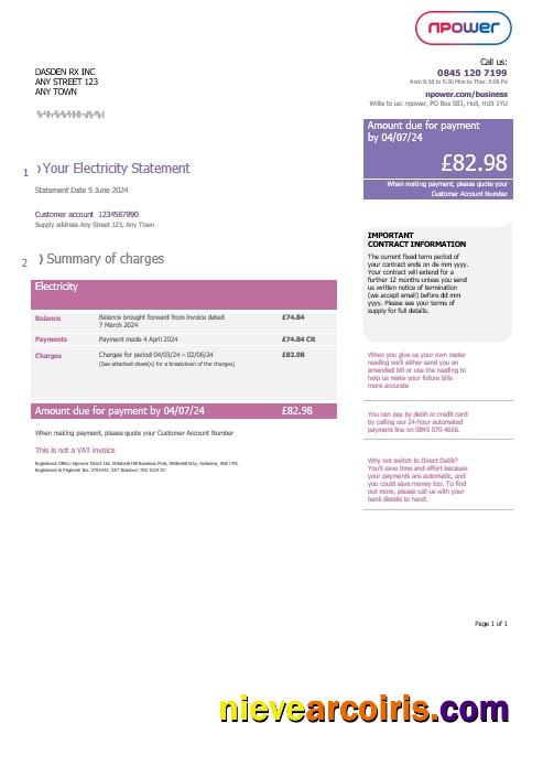 United Kingdom Npower business utility bill